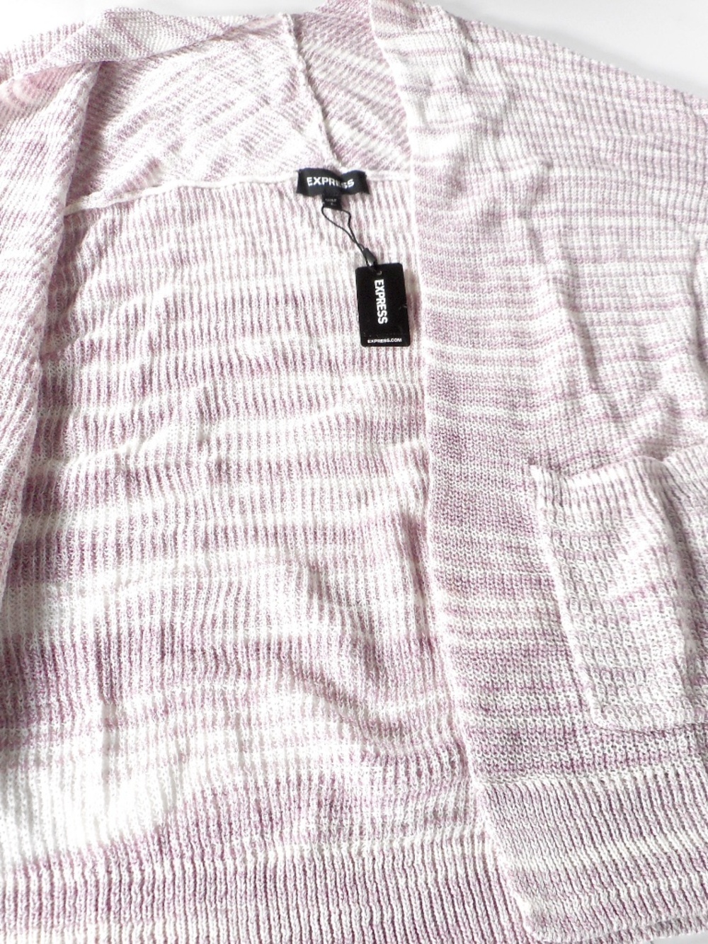 NWT Express Pink White Knit Sz S Open Cardigan Sweater Marled 3/4 Sleeve Pockets